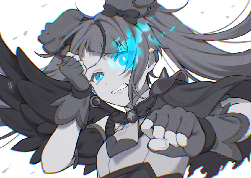 1girl, bow, cure_sky, cut_bangs, dark_cure_sky, dark_persona, detached_sleeves, earrings