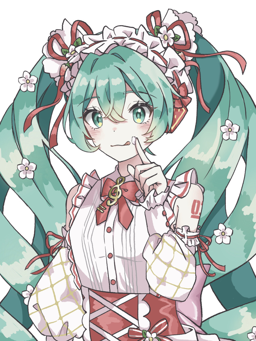 1girl, :q, absurdres, aqua_eyes, aqua_hair, curly_hair, detached_sleeves, flower, food_on_hand, frilled_hairband, frills, hair_between_eyes, hair_flower, hair_ornament, hairband, hatsune_miku, highres, long_hair, shoulder_tattoo, simple_background, sleeveless, solo, strawberry_miku_(morikura), tattoo, tongue, tongue_out, twintails, upper_body, user_fuju4745, very_long_hair, vocaloid, white_background
