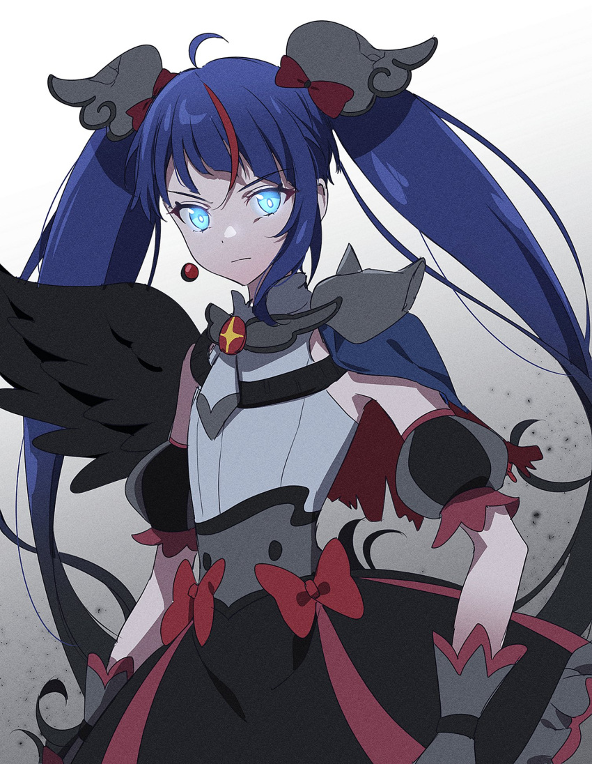 1girl, armor, black_wings, blue_eyes, blue_hair, bow, brooch, cure_sky