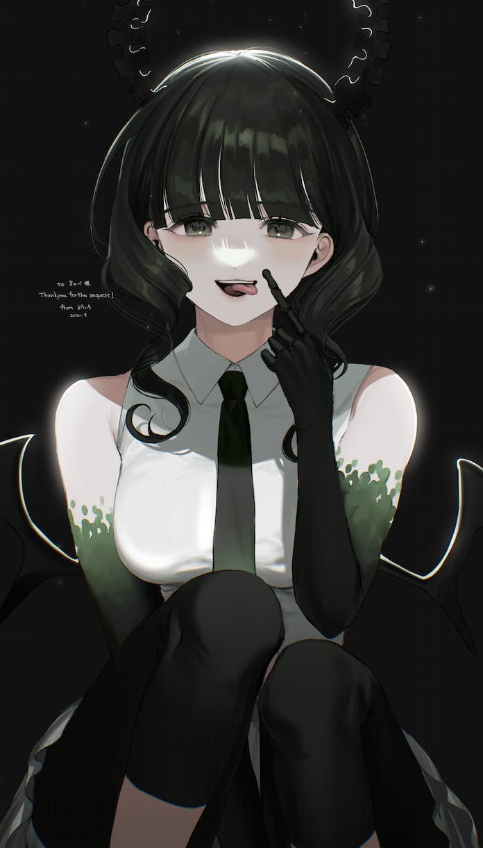 1girl, akanbe, bare_shoulders, black_background, black_eyes, black_hair, black_horns, black_necktie