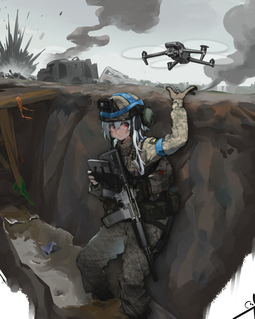 absurdres, assault_rifle, brown_gloves, drone, gloves, grey_hair, gun, headset