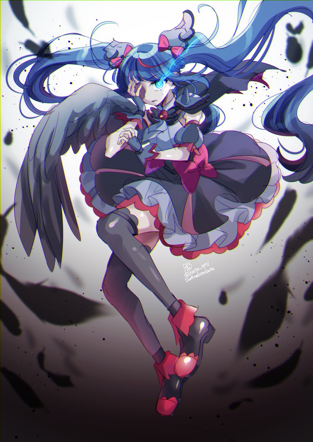 1girl, armor, black_wings, blue_eyes, blue_hair, cure_sky, dark_cure_sky, dark_persona
