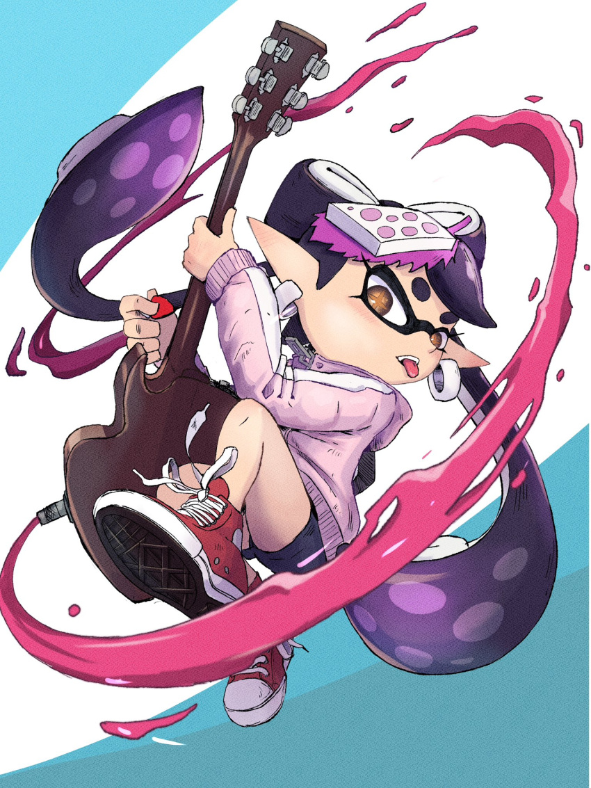 1girl, alternate_costume, black_hair, blue_background, bow-shaped_hair, callie_(splatoon), commentary_request, cross-laced_footwear