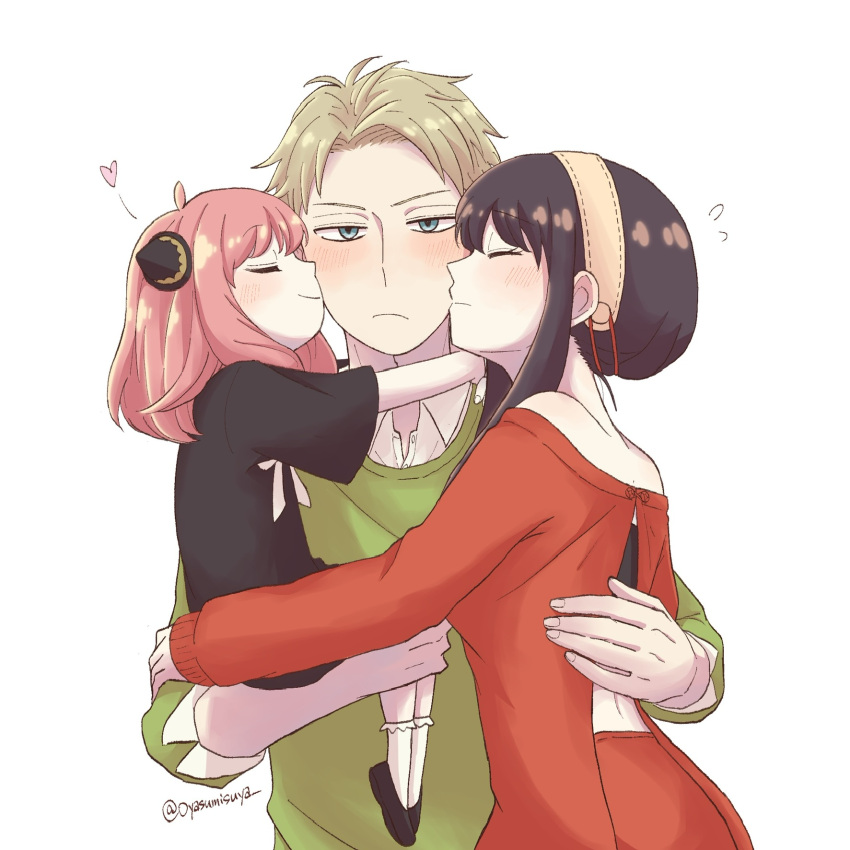 >:(, 1boy, 2girls, ahoge, anya_(spy_x_family), arm_around_waist, black_dress, black_hair, blonde_hair, blue_eyes, blush, carrying, carrying_person, child, closed_eyes, closed_mouth, commentary_request, dress, flying_sweatdrops, frown, girl_sandwich, green_shirt, happy, heart, highres, hug, jitome, kiss, kissing_cheek, looking_at_viewer, medium_hair, multiple_girls, off-shoulder_sweater, off_shoulder, oyasumisuya, pink_hair, profile, red_sweater, sandwiched, shirt, short_hair, short_sleeves, shy, simple_background, sleeves_past_wrists, smile, spy_x_family, sweater, twilight_(spy_x_family), twitter_username, upper_body, v-shaped_eyebrows, white_background, yor_briar