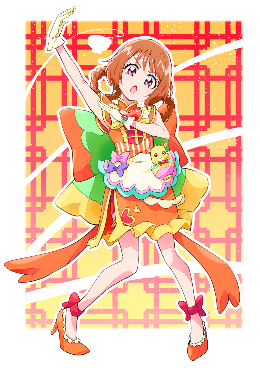 1girl, absurdres, ankle_bow, back_bow, bow, braided_hair_rings, brown_hair, cure_yum-yum