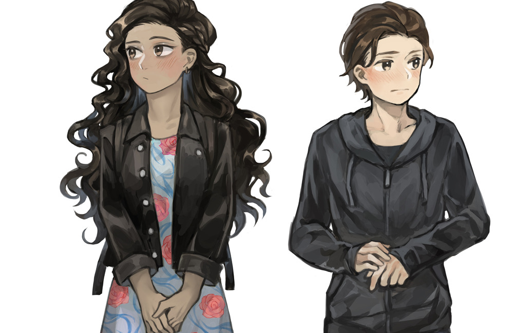 1boy, 1girl, black_jacket, black_shirt, blush, braid, brown_eyes, brown_hair