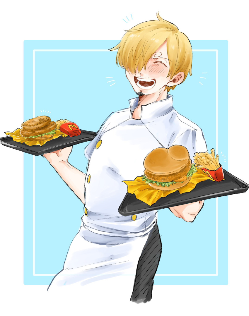 1boy, ^_^, black_pants, blonde_hair, blush, burger, buttons, cheese, chef, closed_eyes, curly_eyebrows, facial_hair, food, food_wrapper, french_fries, highres, holding, holding_tray, jacket, kurimaron, lettuce, light_blue_background, long_bangs, male_focus, mcdonald's, meat, one_eye_covered, one_piece, open_mouth, pants, sanji_(one_piece), short_hair, simple_background, smile, solo, stubble, teeth, tray, upper_body, white_background, white_jacket, wrapper