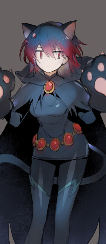 1girl, animal_ears, animal_hands, belt, blue_hair, brooch, cape, cat_tail