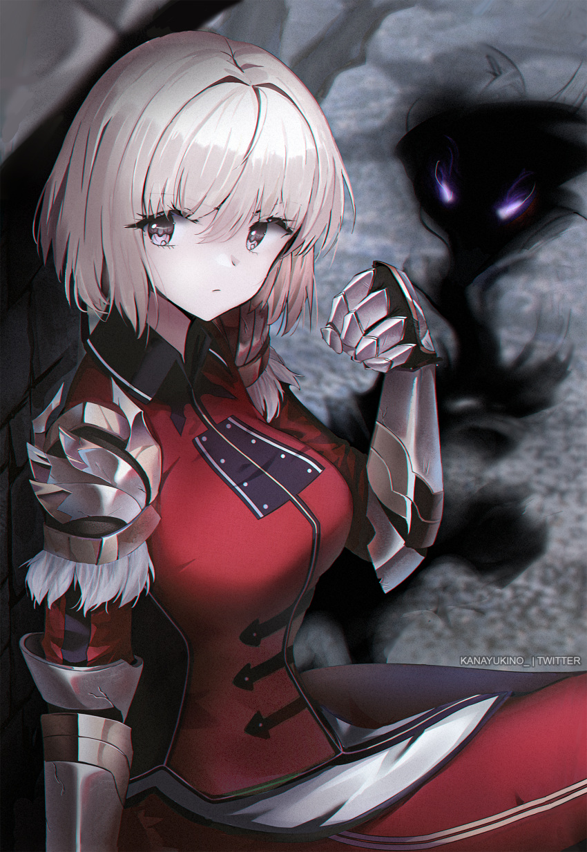 1girl, against_wall, armor, black_coat, blonde_hair, breasts, cha_hae-in, clenched_hand