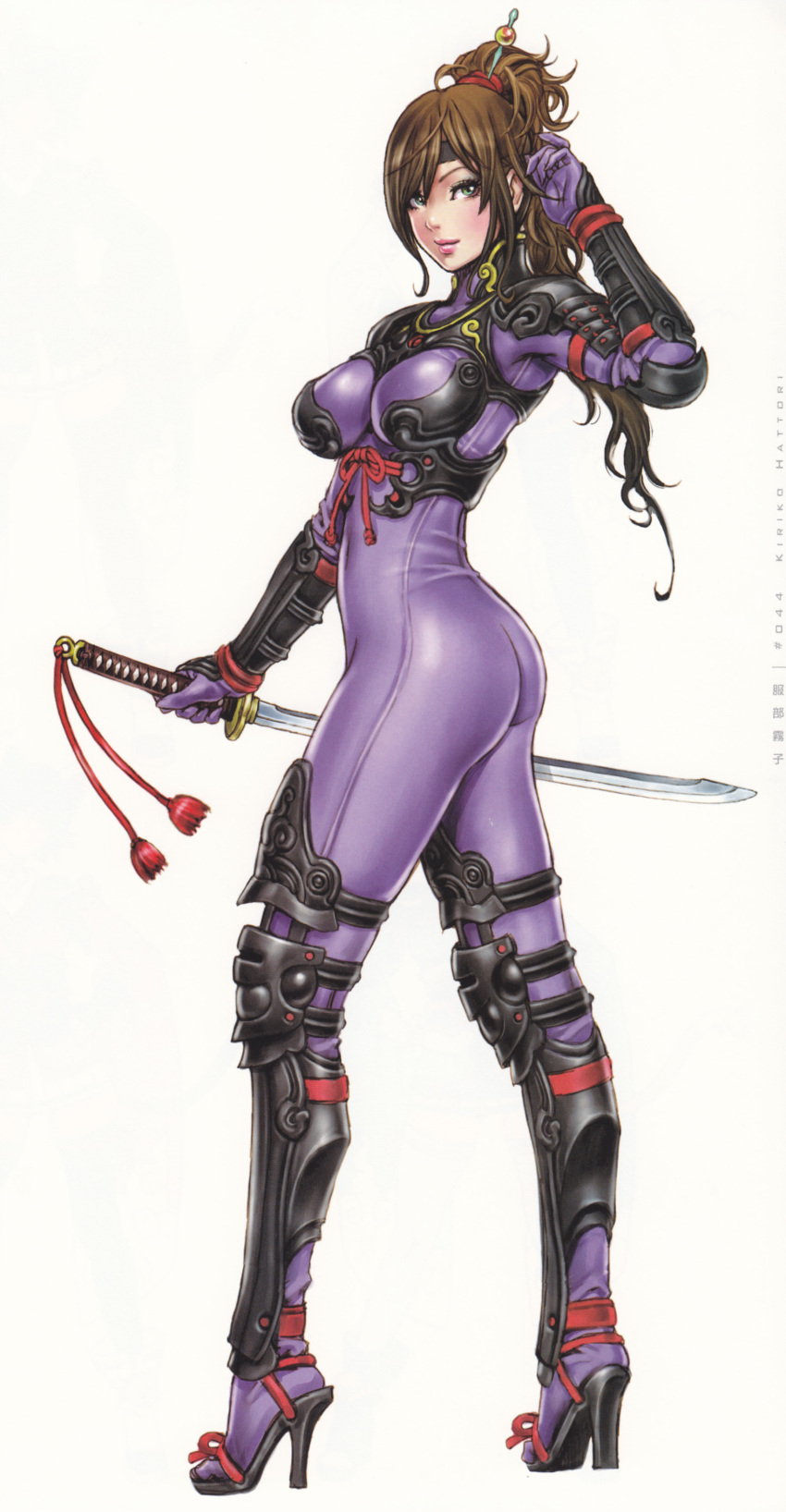 1girl, absurdres, armor, bodysuit, breasts, brown_hair, closed_mouth, female, full_body, green_eyes, hair_ornament, headband, high_heels, highres, holding, holding_sword, holding_weapon, japanese_clothes, katana, lips, lipstick, long_hair, ninja, original, ponytail, purple_bodysuit, shoes, simple_background, skin_tight, solo, standing, sword, weapon, white_background, yamashita_shun'ya, yamashita_shunya