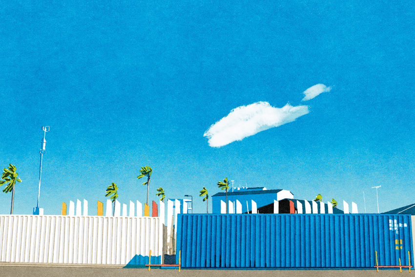 blue_sky, building, clouds, day, highres, iida_kento, no_humans, original, outdoors, palm_tree, scenery, shipping_container, sky, tree