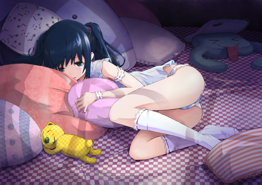 armband, ass, blue_eyes, blue_hair, checkered, child, fetal_position, kneehighs, lying, maeda_risou, musical_note, no_pants, original, panties, pillow, risoumaeda, socks, solo, striped, striped_panties, stuffed_animal, stuffed_toy, teddy_bear, twintails, underwear, white_legwear, wristband