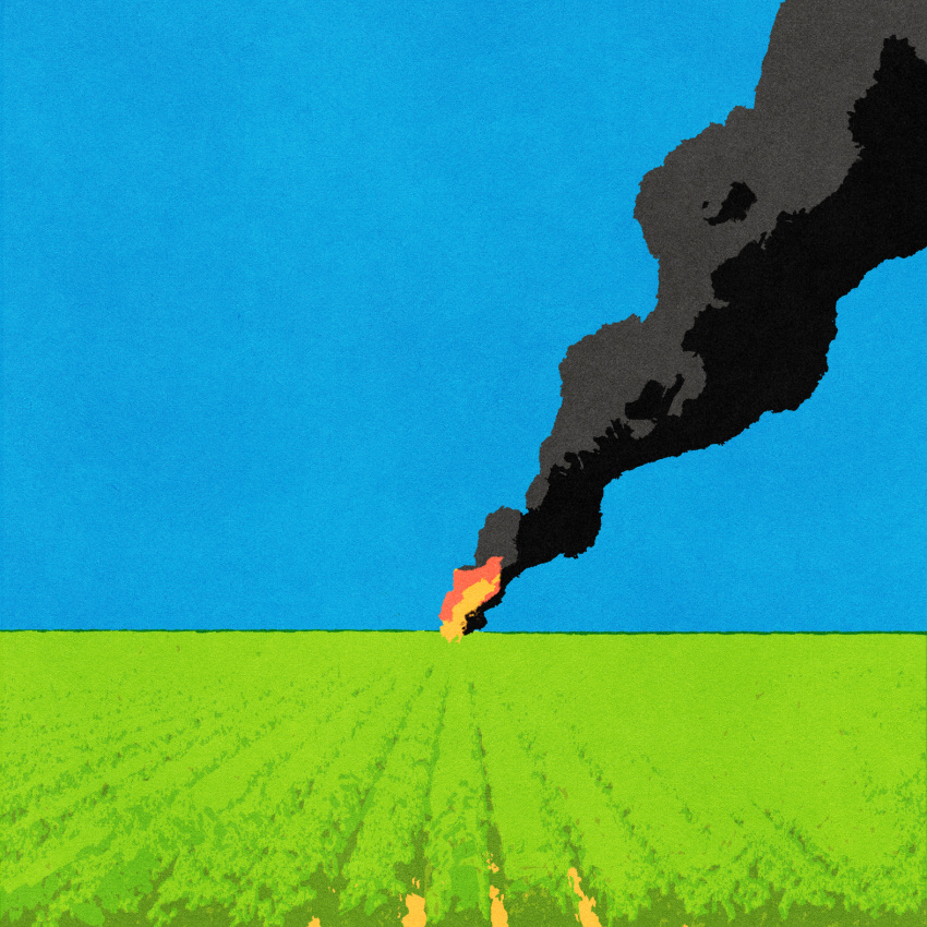 blue_sky, day, field, fire, highres, horizon, iida_kento, no_humans, original, outdoors, scenery, sky, smoke