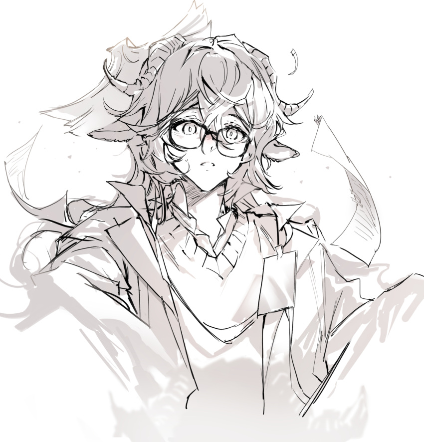 1boy, animal_ears, anmi, arknights, book, collared_shirt, crooked_eyewear, flying_paper