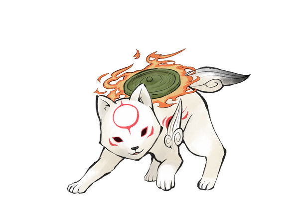 capcom, chibiterasu, dog, official_art, okami, okamiden, puppy, weapon