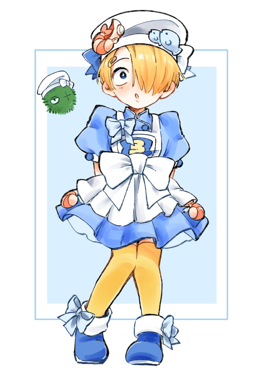 1boy, :o, aged_down, arms_behind_back, blue_bow, blue_dress, blue_eyes, blue_footwear