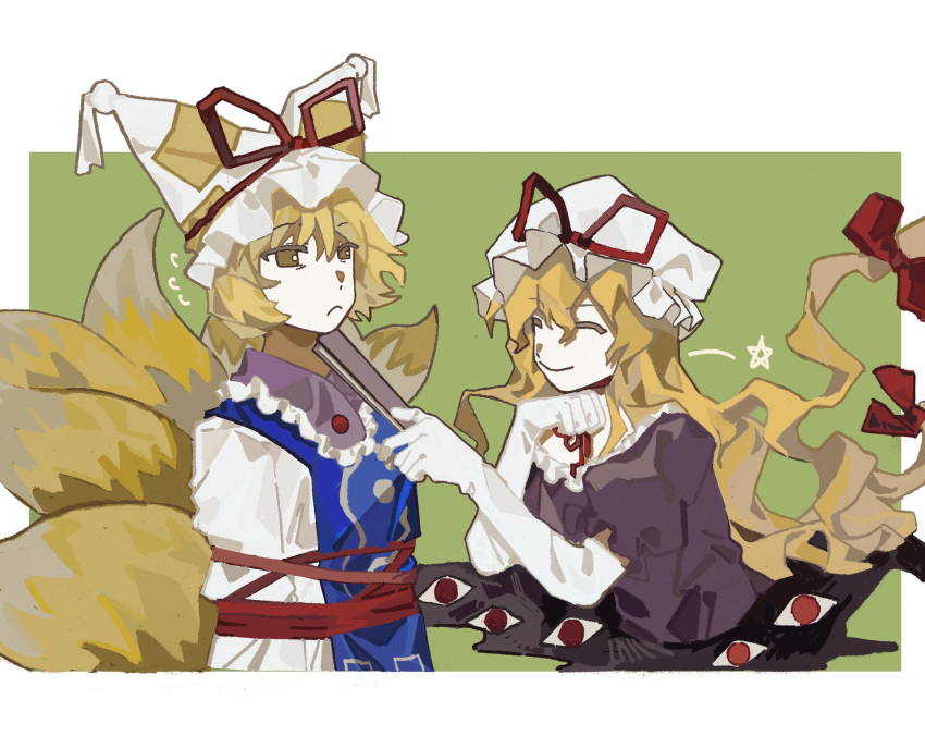 2girls, aaayamitsu, animal_ears, blonde_hair, blue_tabard, border, bound, bow