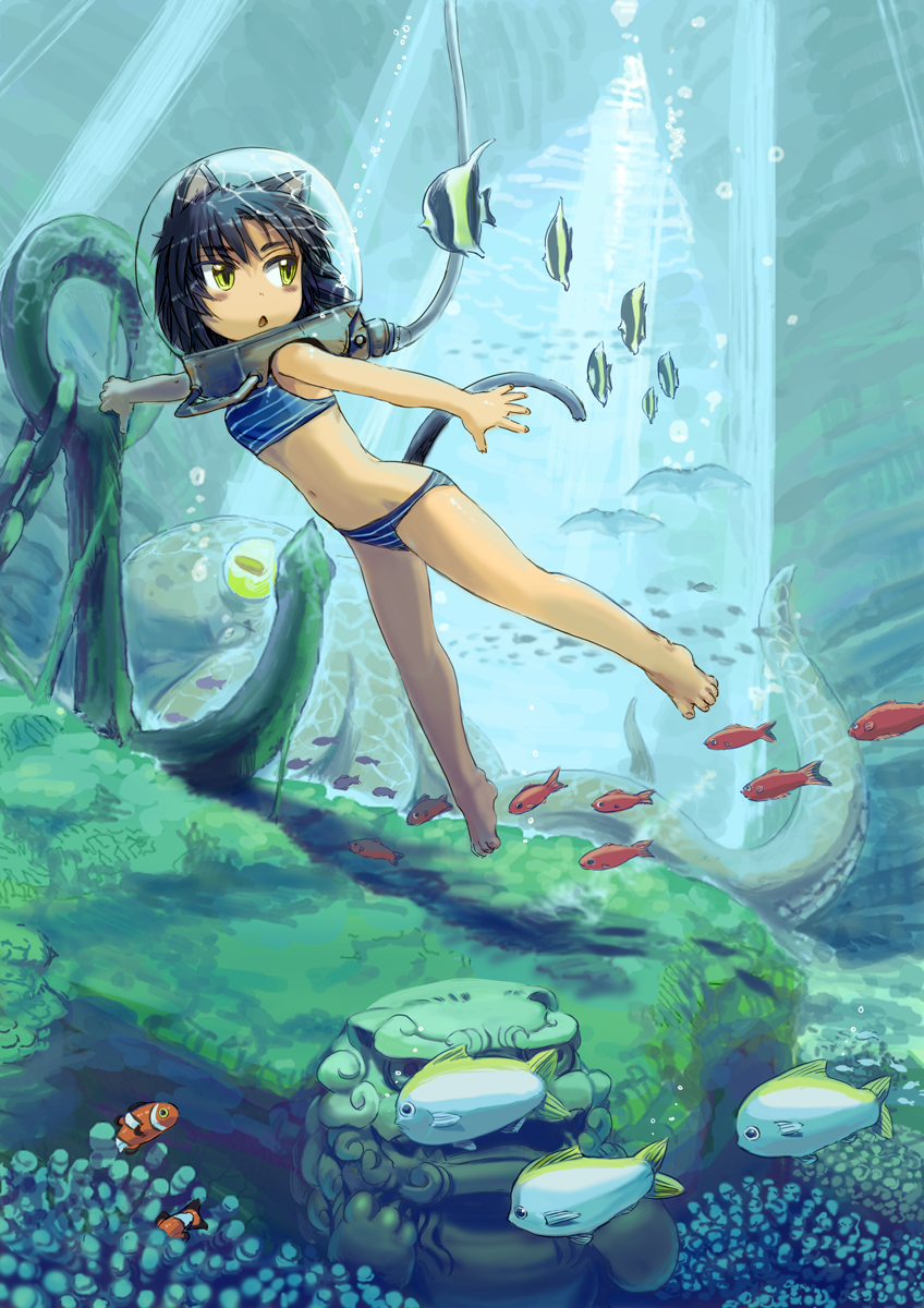 animal_ears, barefoot, black_hair, cat_ears, cat_tail, diving, diving_helmet, feet, fish, flat_chest, helmet, highres, ike_(altitude_attitude), ike_(pixiv25932), kurona_(neko_musume_michikusa_nikki), neko_musume_michikusa_nikki, octopus, original, scenery, short_hair, spread_toes, striped, striped_swimsuit, tail, underwater, yellow_eyes