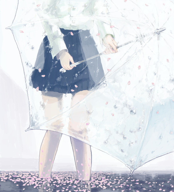 1girl, bad_drawr_id, bad_id, bare_legs, black_skirt, falling_petals, holding, holding_umbrella