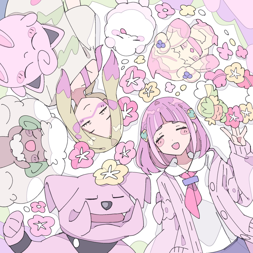 2girls, alcremie, alcremie_(ruby_swirl), arms_up, blonde_hair, blunt_bangs, blush_stickers, bob_cut