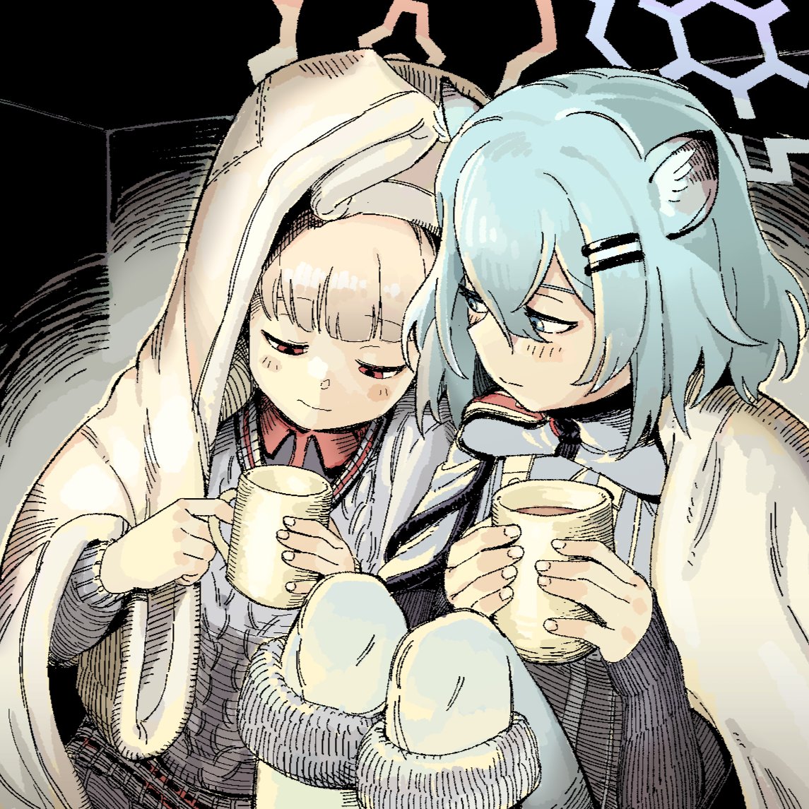 2girls, animal_ears, blanket, blonde_hair, blue_archive, blue_eyes, blue_hair, closed_mouth