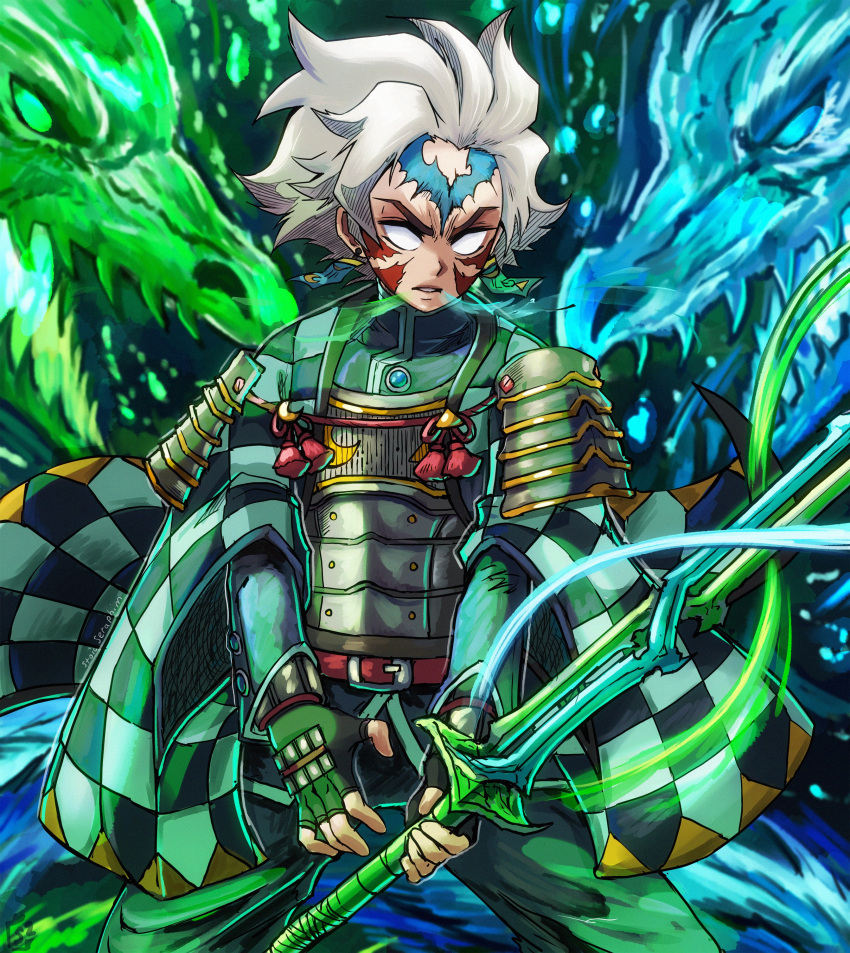absurdres, alternate_earwear, alternate_eye_color, alternate_weapon, armor, aura, belt, belt_buckle, black_gloves, blue_eyes, blue_gemstone, breath, buckle, chest_jewel, commentary, corruption, crossover, dark_persona, double_helix, dragon, earrings, english_commentary, facial_tattoo, fangs, fierce_deity, fingerless_gloves, gem, gloves, glowing, glowing_eyes, green_eyes, hanafuda, hanafuda_earrings, highres, holding, holding_sword, holding_weapon, japanese_armor, jewelry, kamado_tanjirou, katana, kimetsu_no_yaiba, long_sleeves, no_pupils, open_mouth, pants, pauldrons, possessed, short_hair, shoulder_armor, stoic_seraphim, sword, tattoo, the_legend_of_zelda, the_legend_of_zelda:_majora's_mask, triangle, water, water_drop, weapon, white_eyes, white_hair, wrist_guards