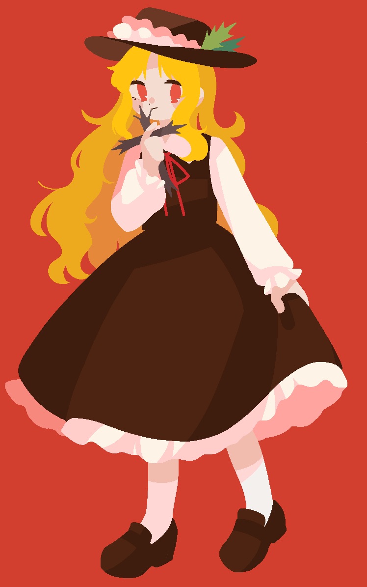 blonde_hair, brown_dress, brown_footwear, brown_headwear, cross, dolls_in_pseudo_paradise, dress, fedora
