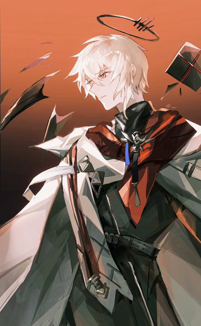 1boy, absurdres, arknights, black_background, black_jacket, black_wings, chinese_commentary, cloak