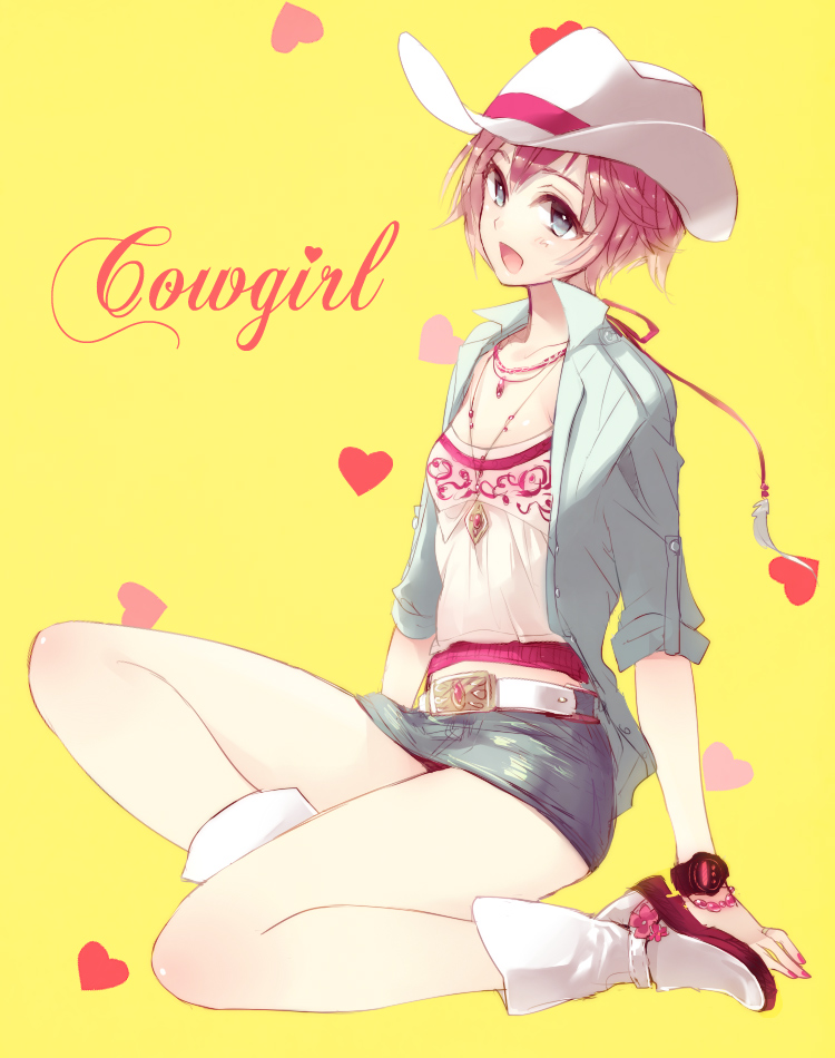 belt, blue_eyes, boots, brown_hair, cowboy_boots, cowboy_hat, denim_skirt, hat