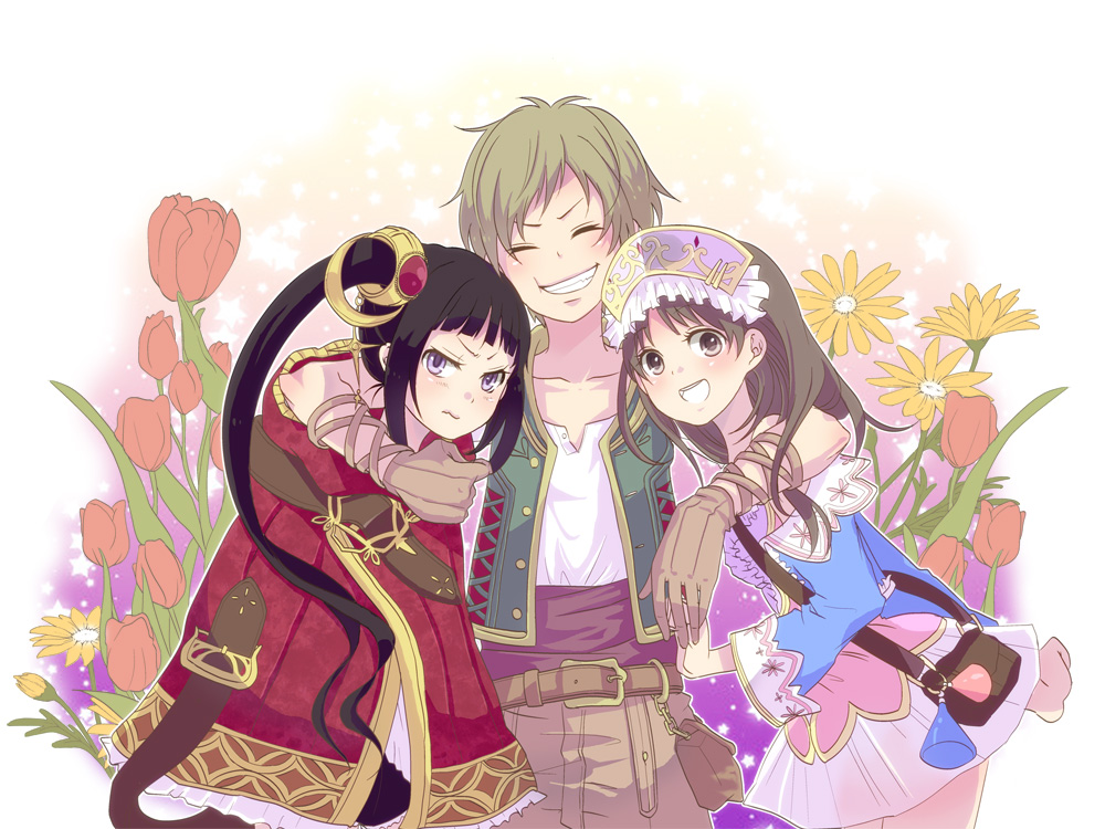 atelier_totori, bad_id, bag, belt, black_hair, brown_hair, closed_eyes, flower