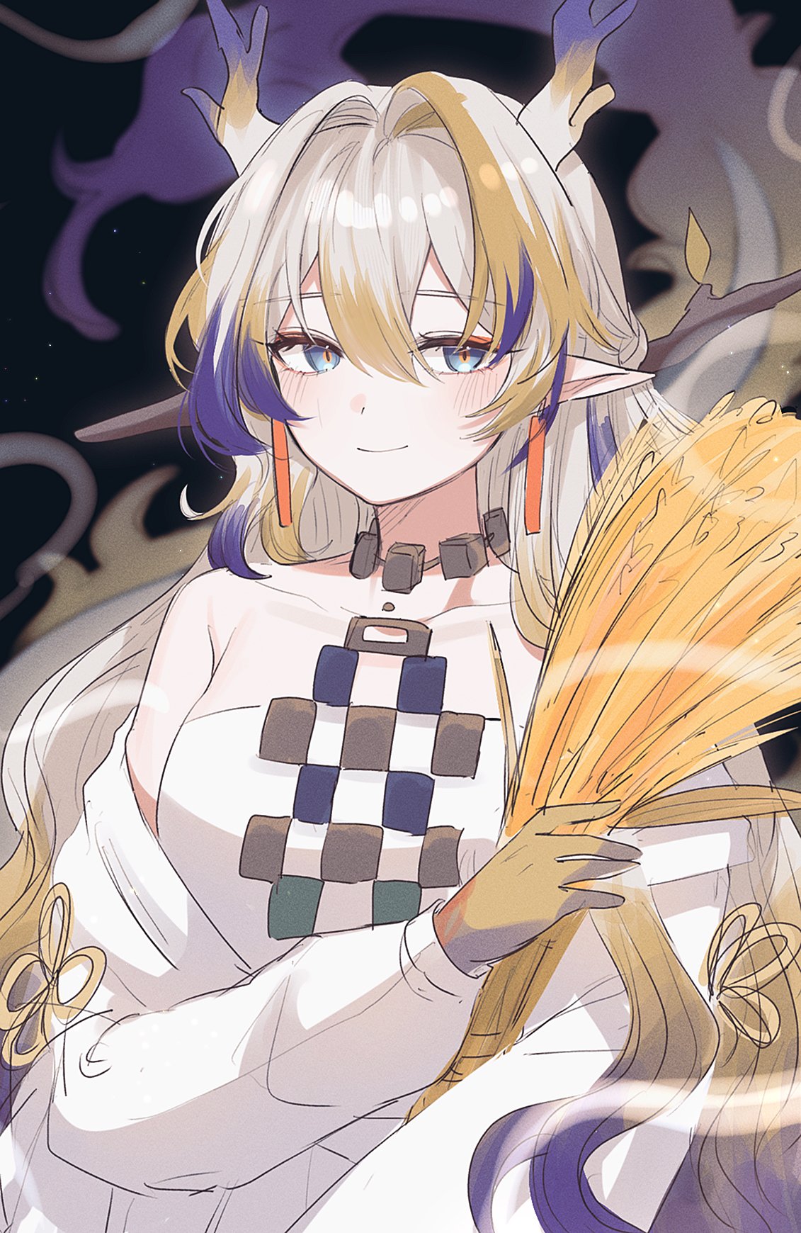 1girl, arknights, black_background, blonde_hair, blue_eyes, blush, commentary, dragon_girl