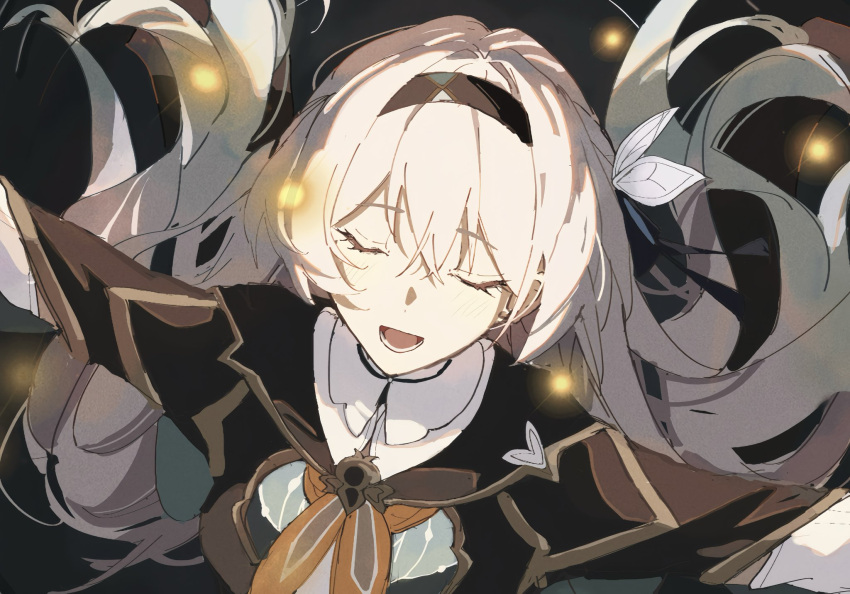 1girl, black_hairband, capelet, closed_eyes, ezsesp, firefly_(honkai:_star_rail), grey_hair, hair_tie