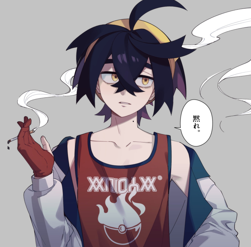 1boy, black_hair, cigarette, crossed_bangs, gloves, grey_background, hair_between_eyes, highres