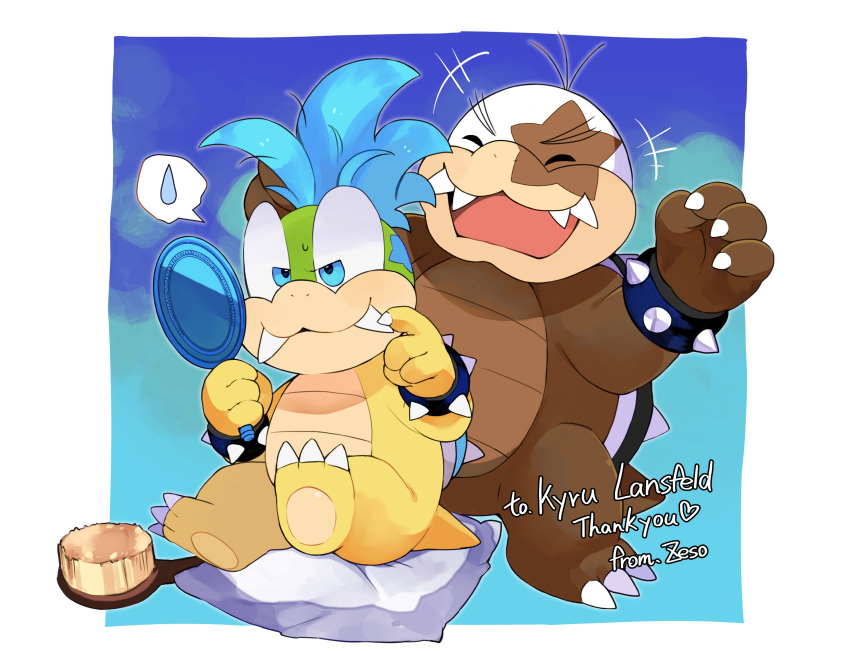 2boys, :d, absurdres, artist_name, blue_background, blue_eyes, bracelet, cheering