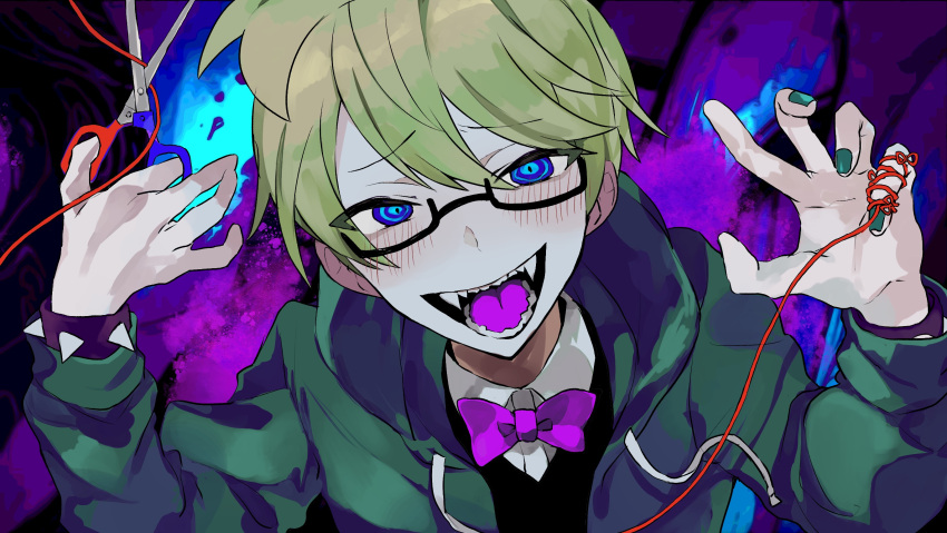 1boy, :d, bow, bracelet, cutting, green_hair, green_jacket, green_nails