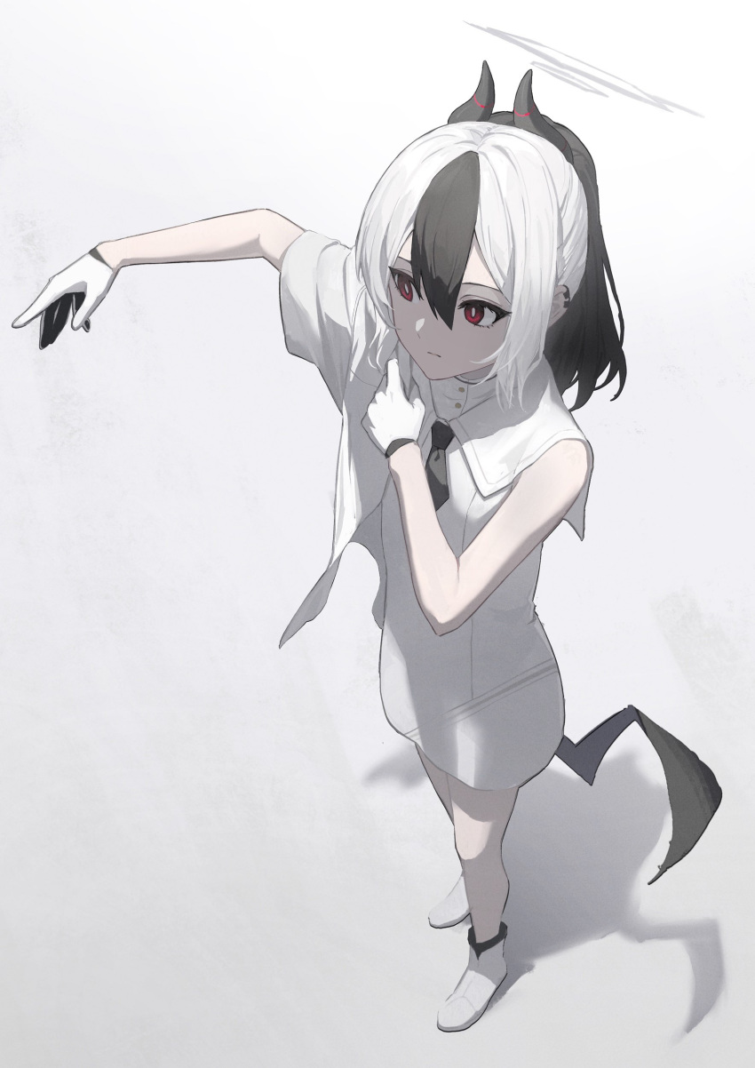 1girl, absurdres, black_gloves, black_hair, black_horns, black_necktie, black_wings, blue_archive, demon_horns, dress, gloves, grey_halo, halo, highres, horns, kayoko_(blue_archive), long_hair, multicolored_hair, necktie, nekoreito, ponytail, red_eyes, shoes, single_wing, sleeveless, sleeveless_dress, solo, two-tone_gloves, utnapishtim_operator_uniform_(blue_archive), white_background, white_dress, white_footwear, white_gloves, white_hair, wings