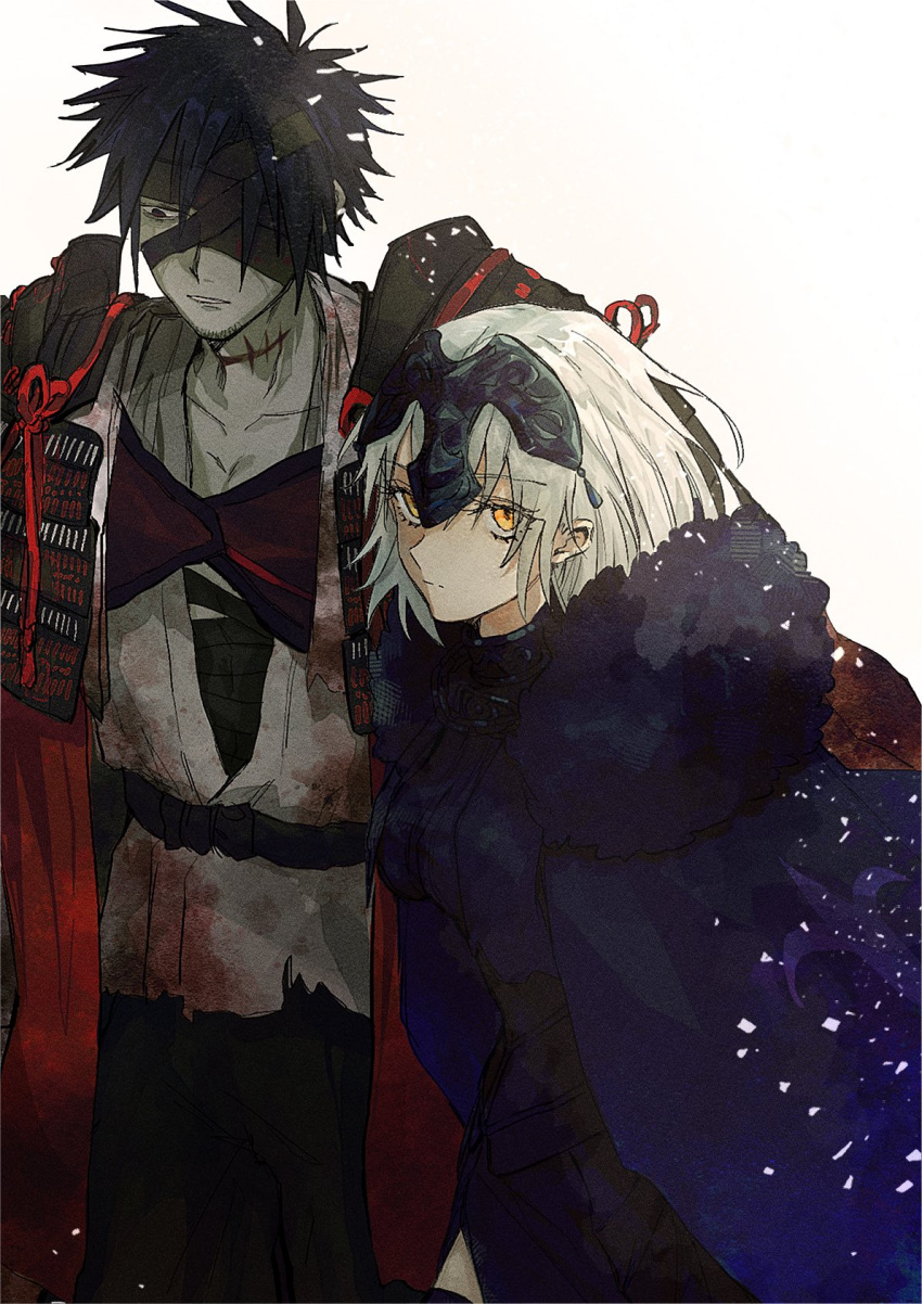 1boy, 1girl, bandage_over_one_eye, bandages, black_dress, black_hair, cape, chiemon_(fate)