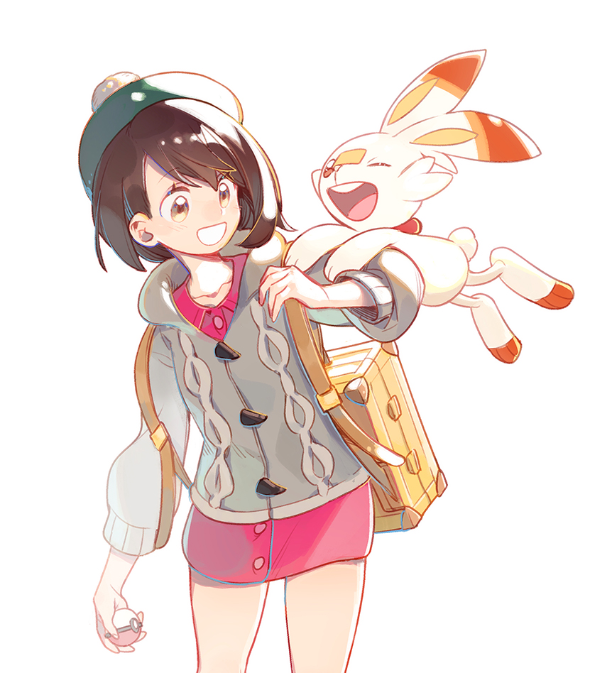1girl, bag, brown_eyes, brown_hair, cardigan, dress, gloria_(pokemon), green_headwear