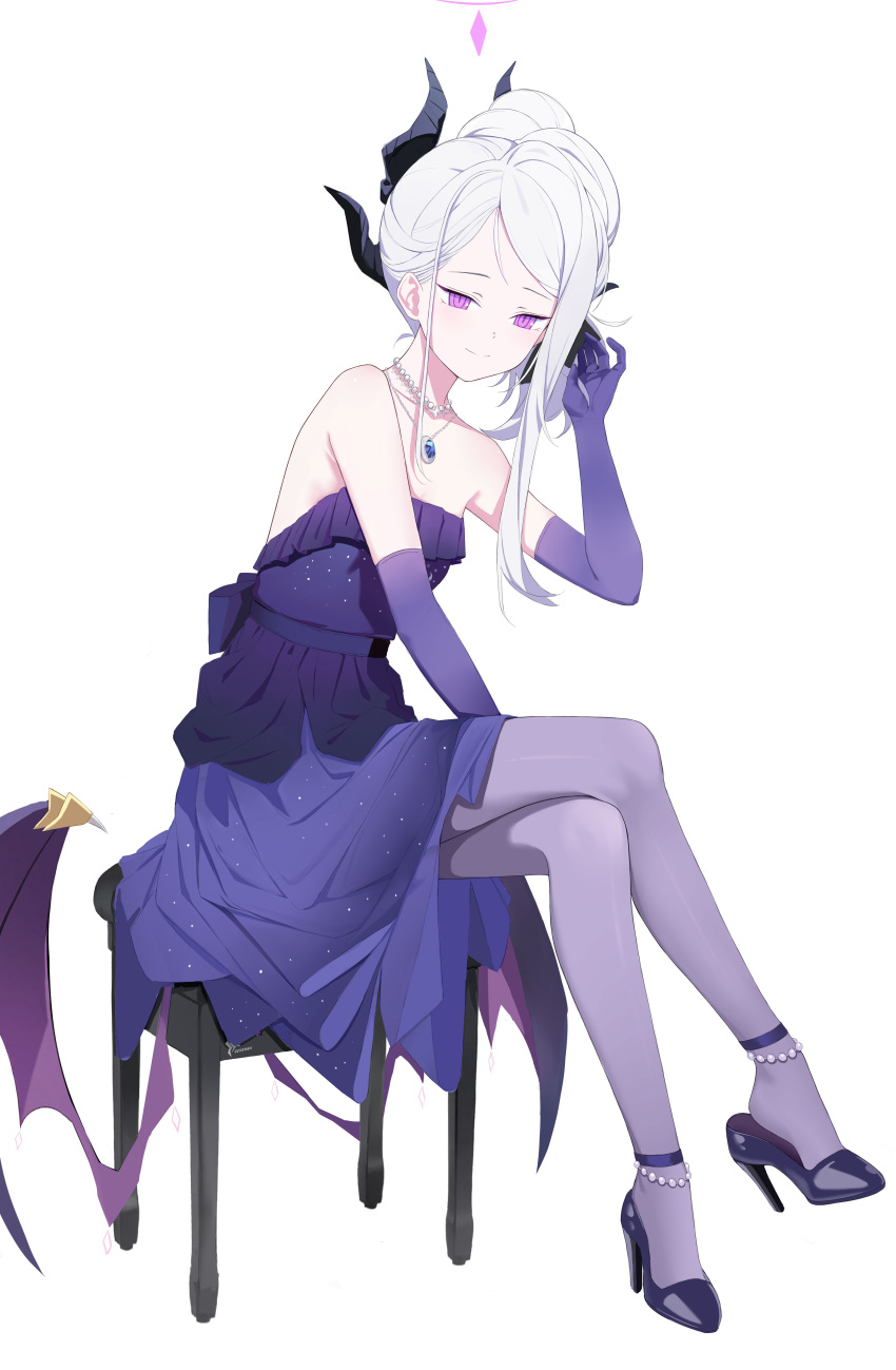 1girl, absurdres, black_footwear, black_horns, blue_archive, blush, breasts, closed_mouth