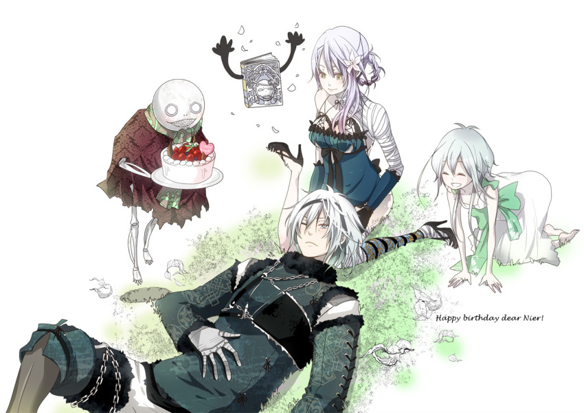 cake, chain, closed_eyes, emil_(no.7), food, grimoire_weiss, kaine_(nier), kneeling