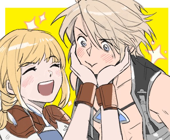 1boy, 1girl, blonde_hair, blue_eyes, blush, closed_eyes, closed_mouth, embarrassed, final_fantasy, final_fantasy_xii, garbage_paper, hands_on_another's_face, happy, korean_commentary, open_clothes, open_mouth, open_shirt, penelo, smile, sparkle, squishing, teeth, upper_teeth_only, vaan, wrist_cuffs, yellow_background