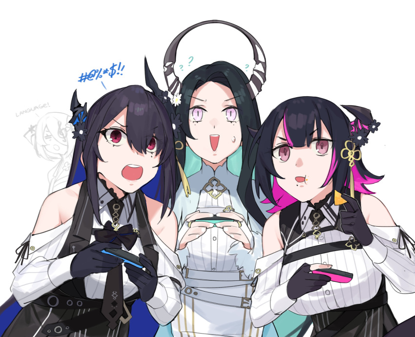 4girls, aradia_ravencroft, asymmetrical_horns, black_hair, blue_hair, breasts, colored_inner_hair, controller
