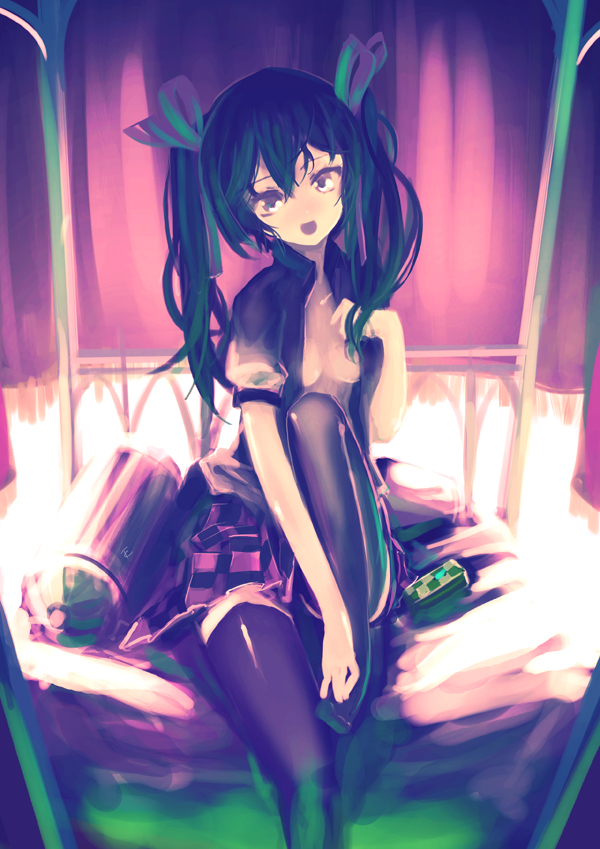 breasts, cellphone, himekaidou_hatate, leg_up, long_hair, no_bra, one_leg_up, open_clothes