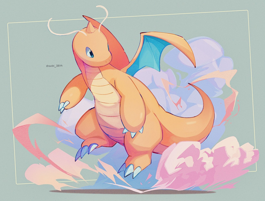 animal_focus, aobi_3814, artist_name, blue_eyes, claws, clouds, colored_skin, commentary, dragon, dragon_wings, dragonite, grey_background, highres, horns, no_humans, orange_skin, pokemon, pokemon_(creature), single_horn, tail, twitter_username, wings