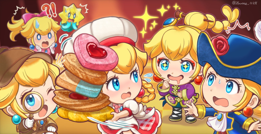 !?, 5girls, artist_name, ascot, blonde_hair, blue_eyes, blue_headwear, blue_jacket