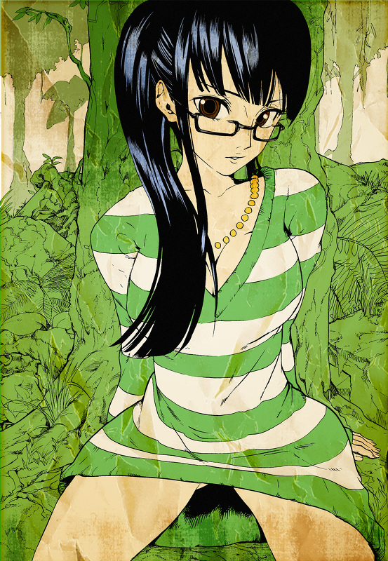 boots, brown_eyes, glasses, jewelry, jungle, long_hair, nature, nico_robin
