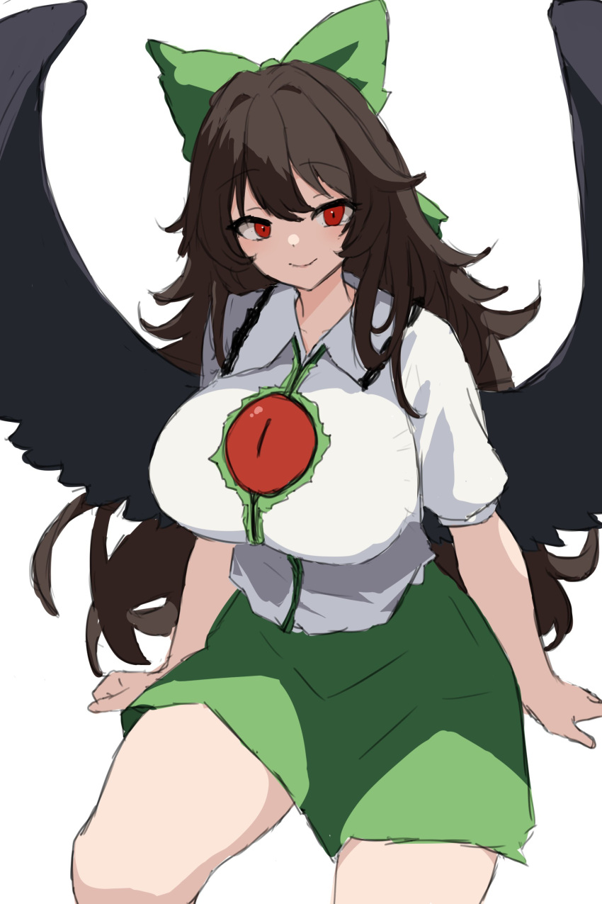 1girl, absurdres, bird_wings, black_bow, black_wings, bow, breasts, closed_mouth