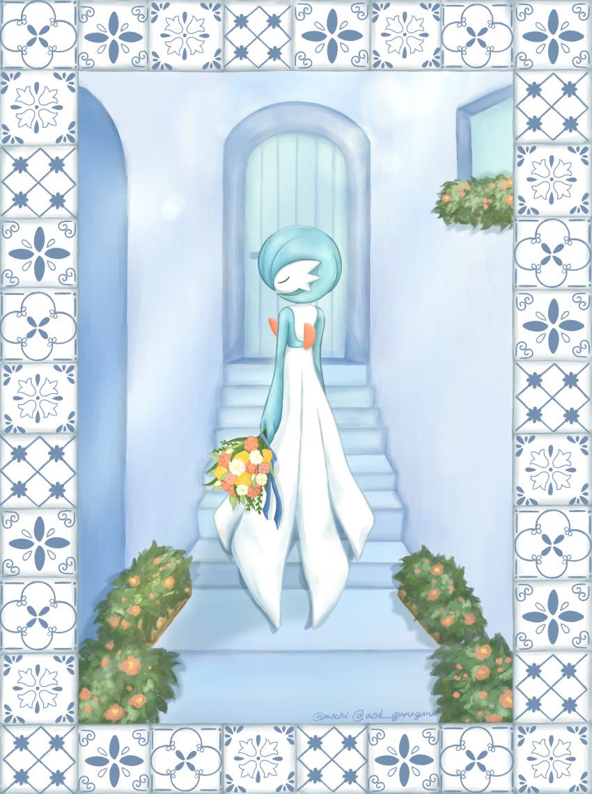 1girl, absurdres, alternate_color, arms_at_sides, artist_name, blue_hair, blue_ribbon, blue_skin