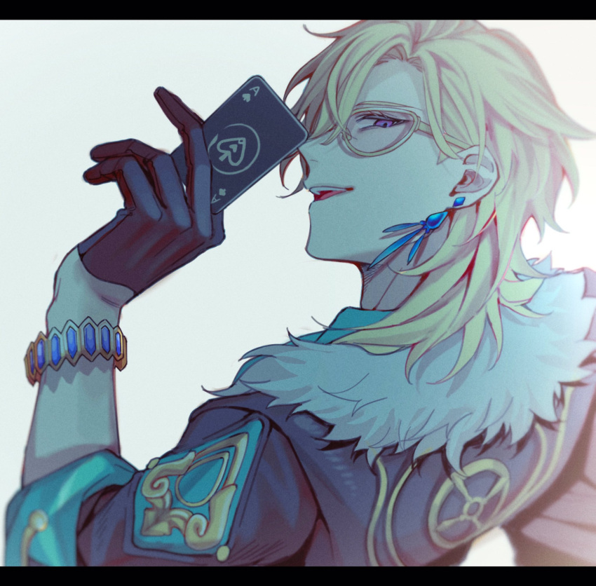 1boy, aventurine_(honkai:_star_rail), black_gloves, blonde_hair, bracelet, card, earrings, fur_trim