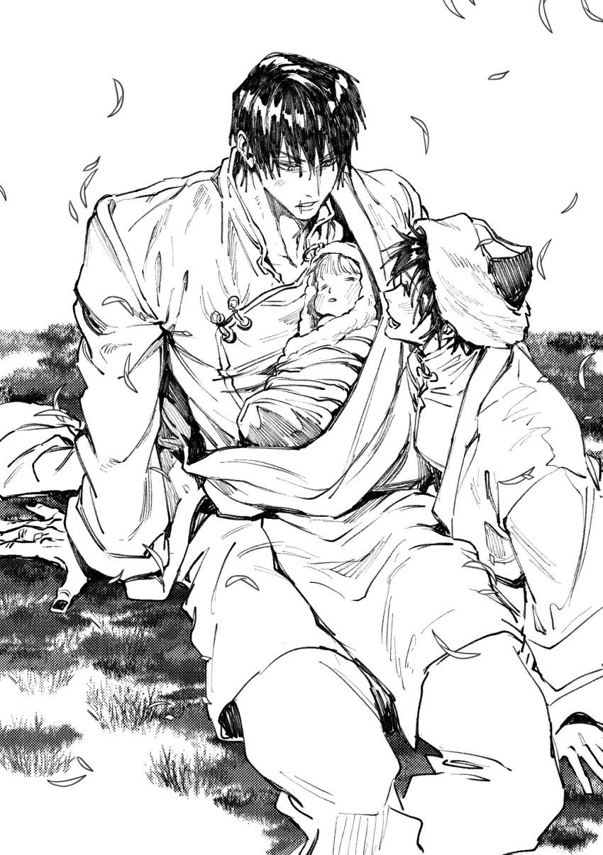 1girl, 2boys, aged_down, arm_support, baby, blush, breasts, chinese_clothes